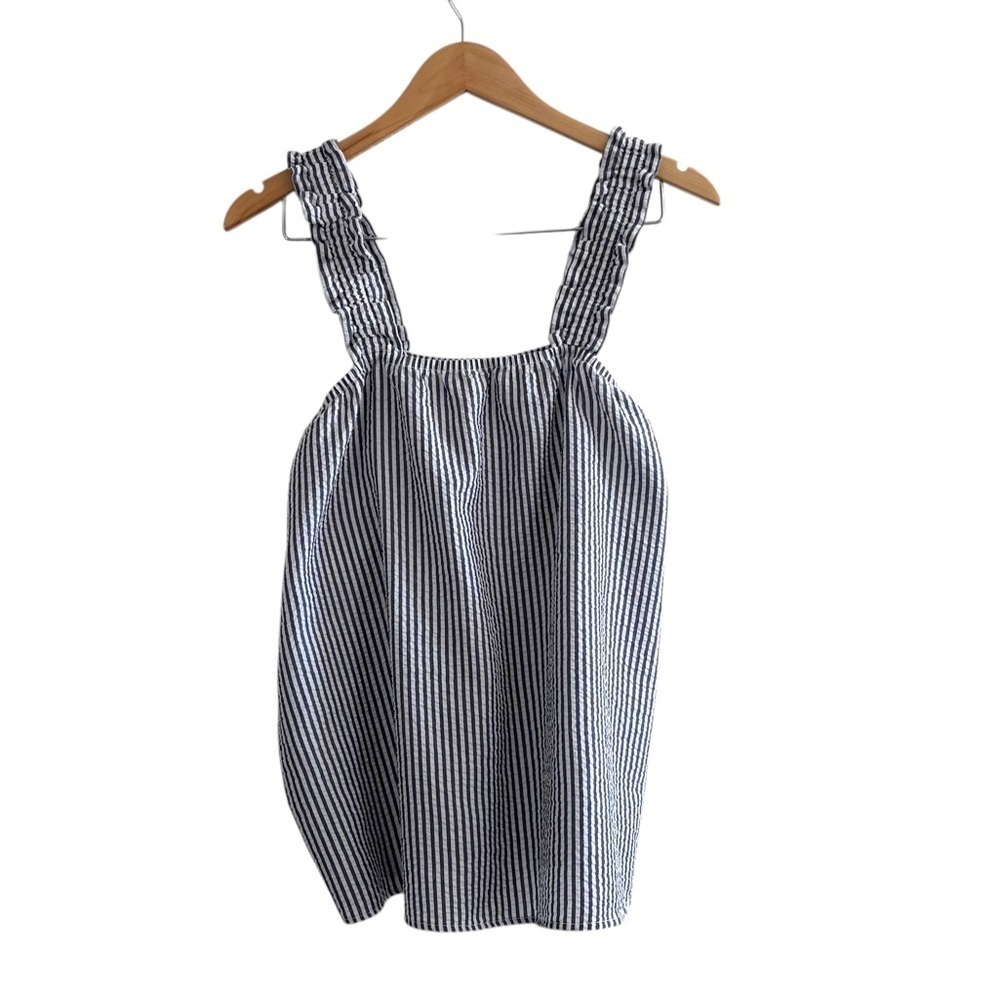 Kikit Seersucker Striped Ruffle Thick Strap Tank Top